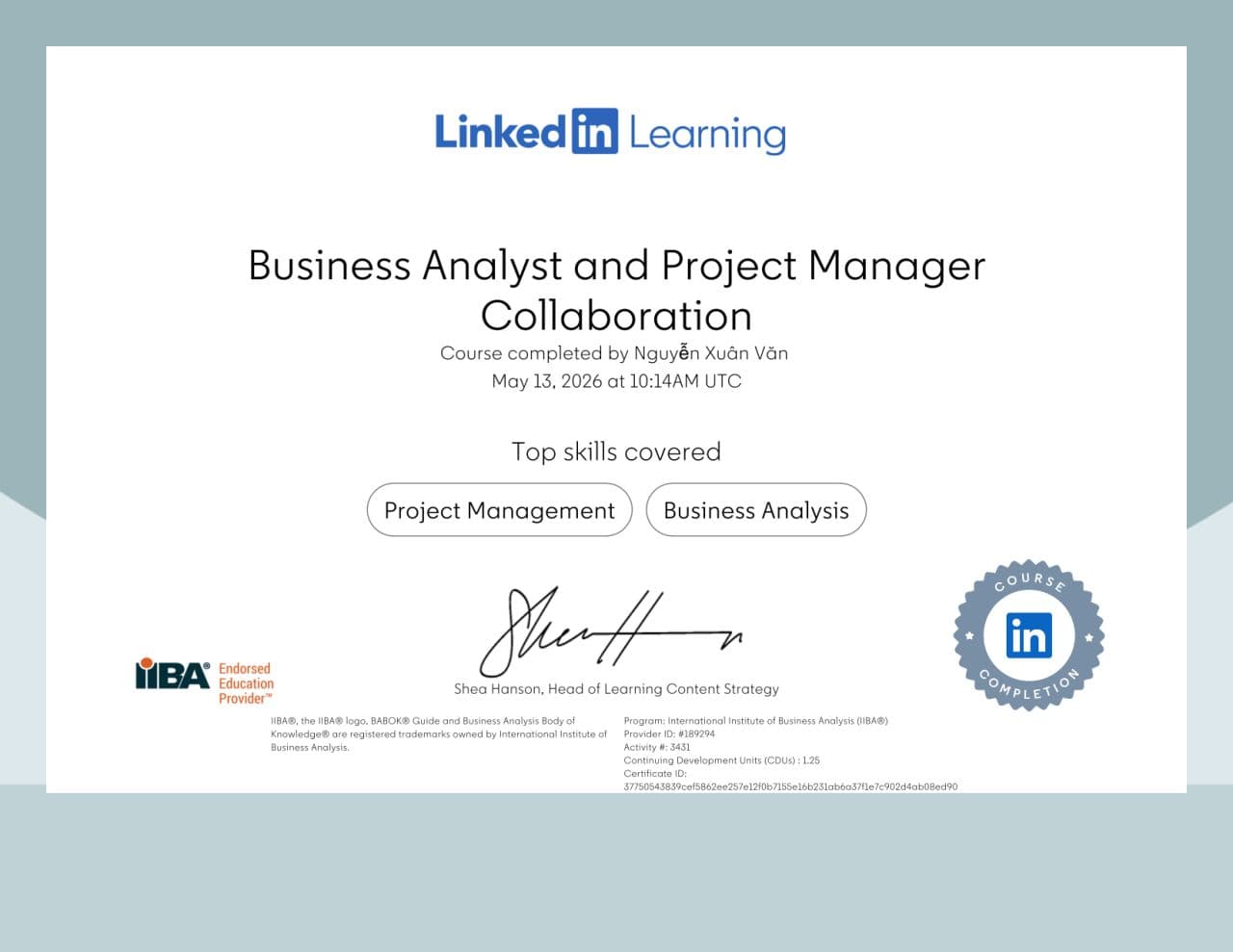 Business Analyst and Project Manager Collaboration certificate